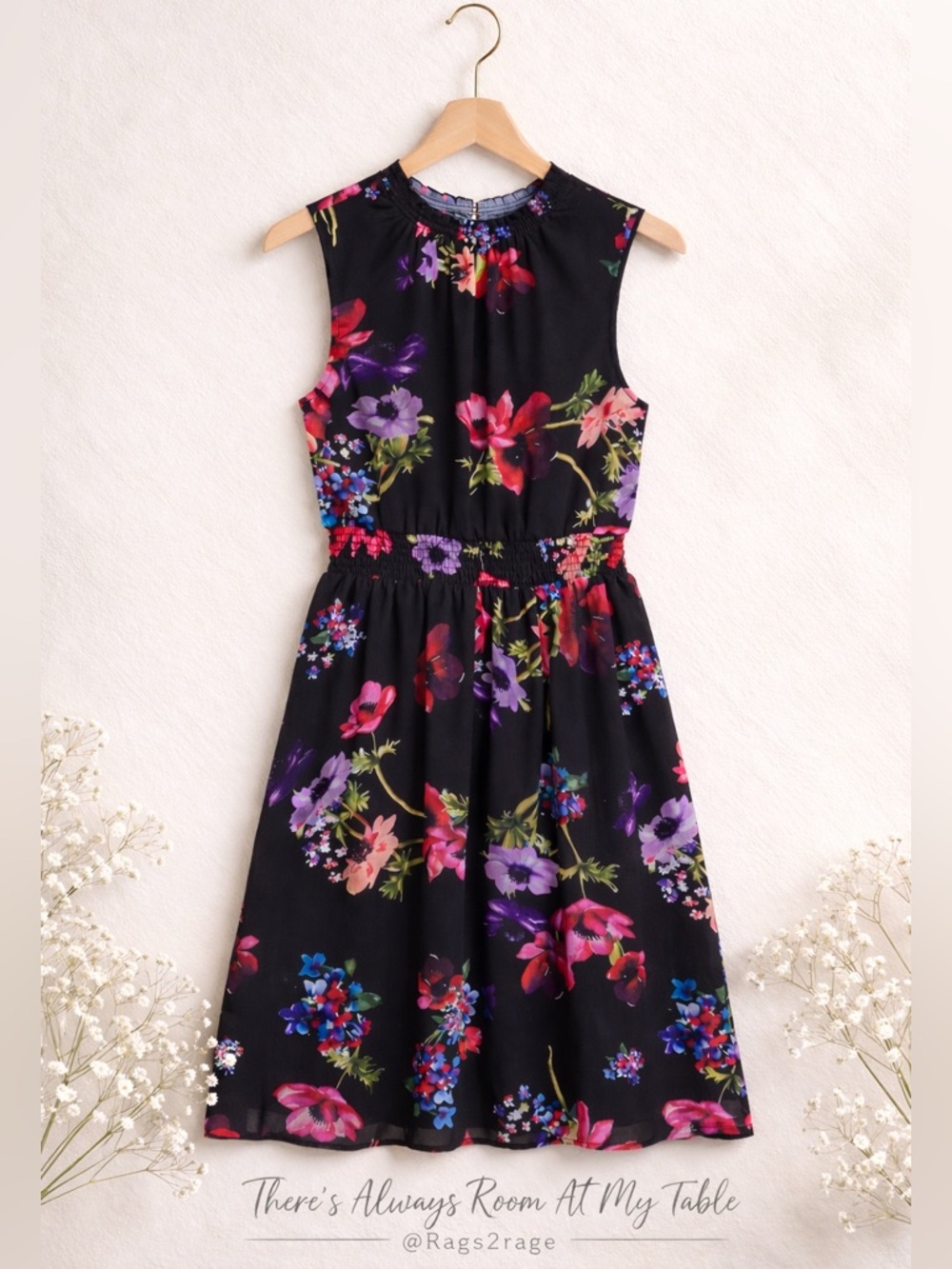 ModCloth Floral Fit & Flare Midi Dress Black Sleeveless Pockets Medium - Picture 2 of 9